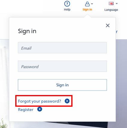 Ventana de registro con campos para correo electrónico y contraseña, así como enlaces para recuperar la contraseña y registrarse.