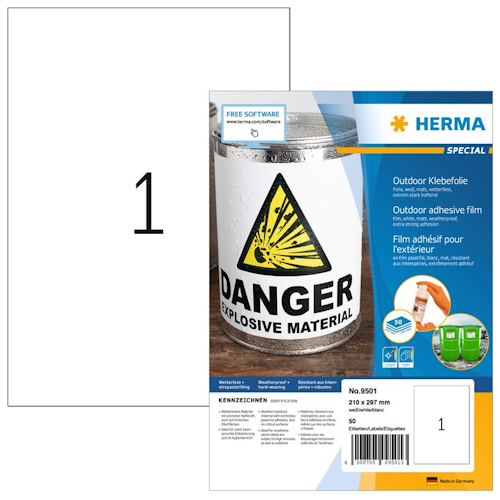 Paquete con cinta adhesiva para exteriores de Herma, muestra un símbolo de advertencia para materiales explosivos. Incluye información sobre la aplicación y el tamaño.