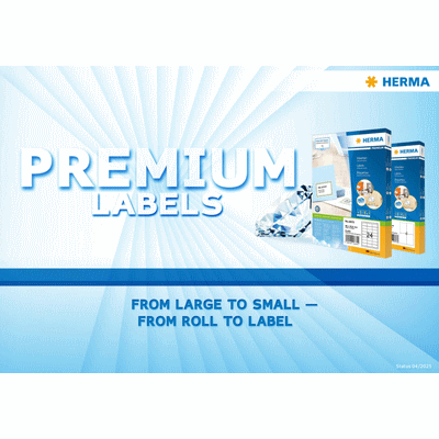Etiquetas premium de Herma, disponibles en diferentes tamaños, desde grandes hasta pequeñas, para diversas aplicaciones.