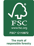 FSC-Logo auf grünem Hintergrund, das für verantwortungsvolle Forstwirtschaft steht. Enthält die Website und Zertifizierungsnummer.