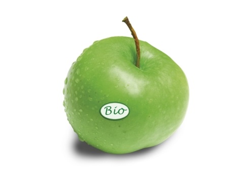 Grüner Bio-Apfel mit einem Etikett, das "Bio" zeigt, auf einem weißen Hintergrund.