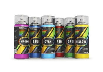 Sechs Spraydosen in verschiedenen Farben: Magenta, Blau, Cyan, Rot, Grün und Gelb, jeweils mit schwarzem Etikett und transparentem Deckel.