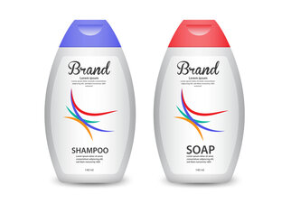 Zwei Flaschen mit Shampoo und Seife, jeweils mit farbigen Kappen und dem Schriftzug "Brand" auf der Vorderseite.