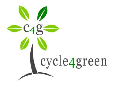Logo von Cycle4Green mit einem Baum, dessen Blätter grün sind, und dem Schriftzug "c4g" in einer modernen Schriftart.