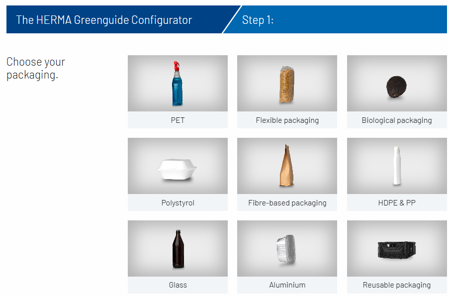 Auswahl von Verpackungen im HERMA Greenguide Konfigurator: PET, flexible Verpackung, biologische Verpackung, Polystyrol, faserbasierte Verpackung, HDPE & PP, Glas, Aluminium, wiederverwendbare Verpackung.