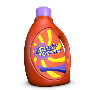 Flasche mit Waschmittel in orange-rot, mit lila Deckel und gelbem Design. Beschriftung zeigt "Laundry Detergent" und "Original Scent".