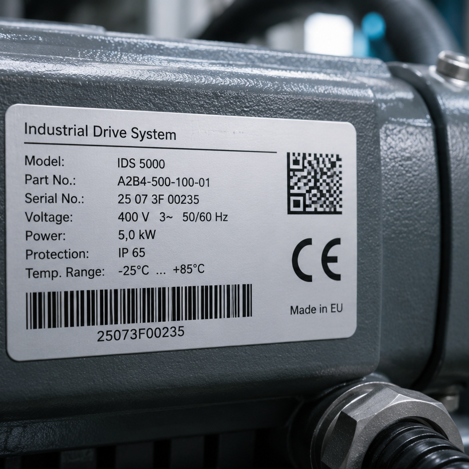 Industrieantriebssystem mit Modellnummer IDS 5000, Spannung 400 V, Leistung 5,0 kW, Schutzart IP 65, Temperaturbereich -25°C bis +85°C.