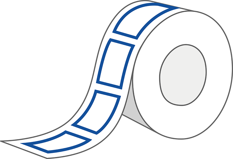 Eine Rolle mit selbstklebendem Etikett, die teilweise abgewickelt ist, zeigt ein einfaches, blaues Design auf der Oberfläche.