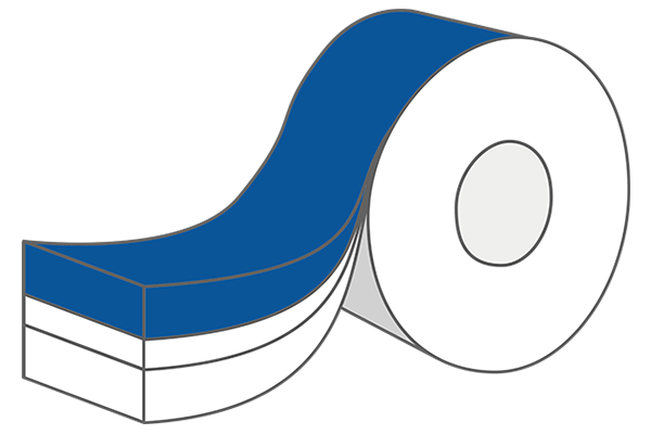 Eine Rolle mit blauem und weißem Klebeband, die teilweise abgewickelt ist.