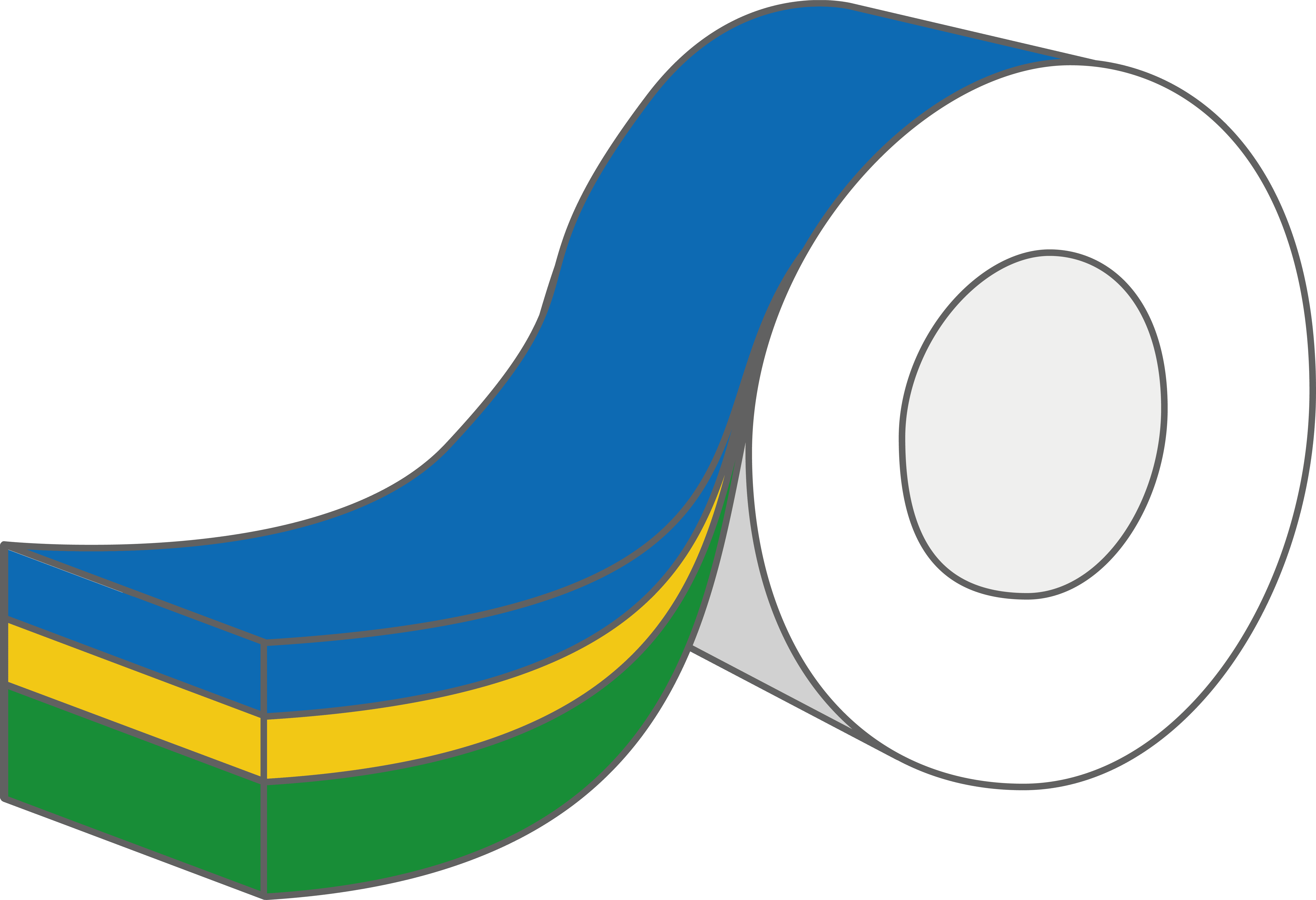 Bunte Klebebandrolle mit blauen, gelben und grünen Streifen.