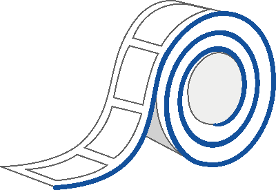 Eine Rolle mit weißem Klebeband, die teilweise abgerollt ist, mit blauen Rändern und quadratischen Abschnitten auf der Oberfläche.