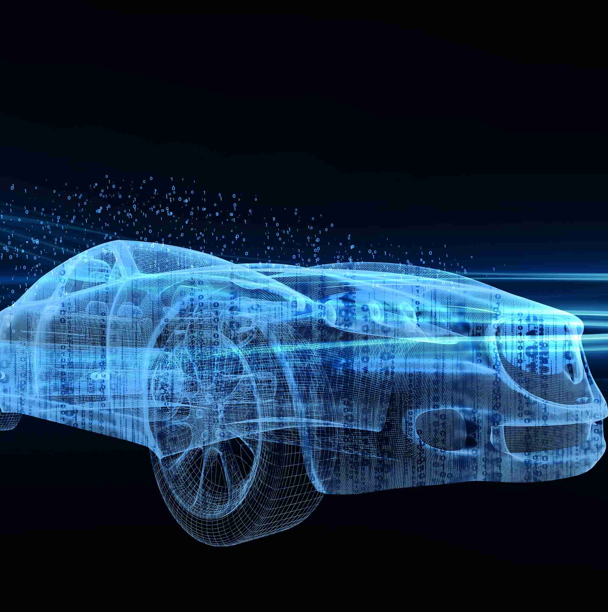 Ein futuristisches, transparentes Auto in digitaler Darstellung, umgeben von blauen Lichtstrahlen und Datenströmen auf schwarzem Hintergrund.