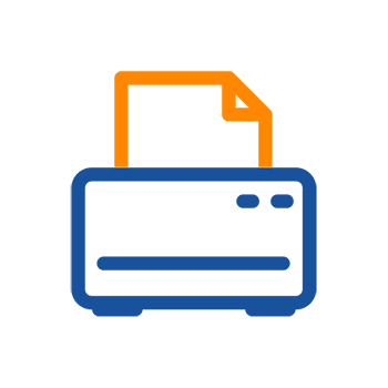 Ein Drucker mit einem Blatt Papier, das gerade herauskommt. Die Farben sind orange und blau.