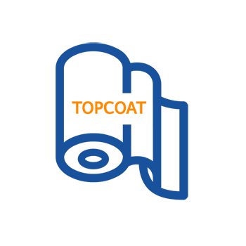 Logo eines Farbrollers mit dem Schriftzug "TOPCOAT" in Orange, umgeben von blauen Linien.