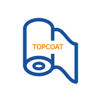 Logo von Topcoat, das eine Farbrolle in blauer Umrandung mit dem Schriftzug "TOPCOAT" in orange zeigt.