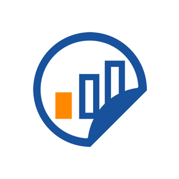 Logo mit einem blauen Kreis, orangefarbener Block und drei vertikalen Balken, die ansteigende Werte darstellen.