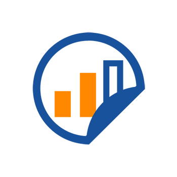 Ein blaues Symbol mit einem Kreis, der ein Diagramm mit orangefarbenen Balken darstellt.