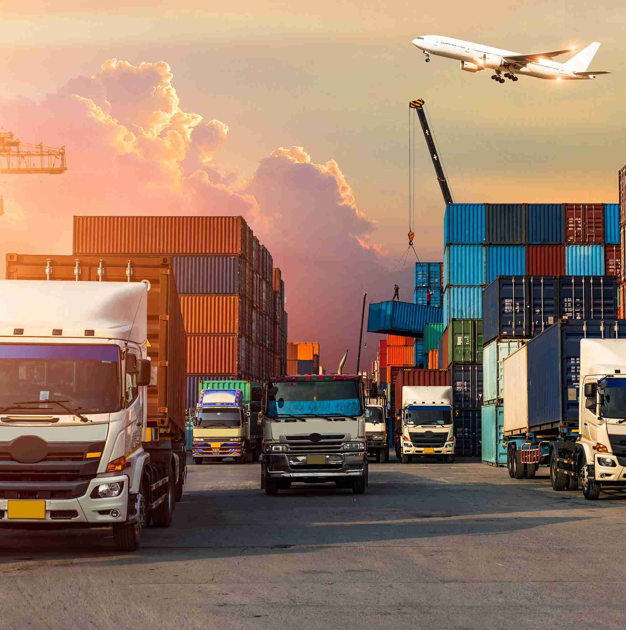 Lkw und Container im Hafen mit einem Flugzeug, das über die Szene fliegt, während ein Kran Container hebt.