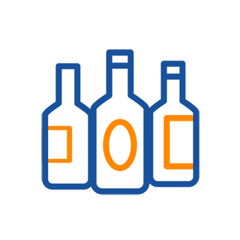 Drei stilisierte Flaschen in verschiedenen Formen, umgeben von einer blauen Umrandung und orangefarbenen Akzenten.