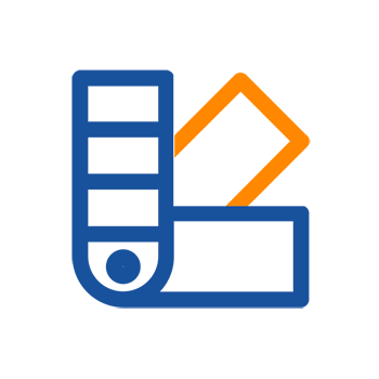 Ein grafisches Symbol mit einem Farbfächer, einem Rechteck und einem Pfeil, die kreative Design-Elemente darstellen.