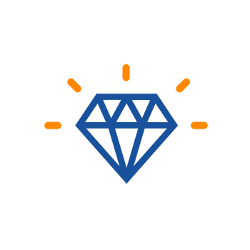 Ein blauer Diamant mit orangefarbenen Strahlen, die ihn umgeben, symbolisiert Wert und Glanz.