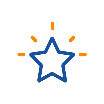 Ein blauer Stern mit orangefarbenen Strahlen, die um ihn herum angeordnet sind, symbolisiert möglicherweise Erfolg oder Belohnung.