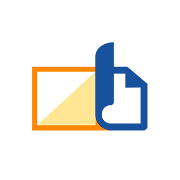 Ein stilisiertes Logo mit einem orangefarbenen Rechteck und einem blauen Daumen, der auf ein Dokument zeigt.