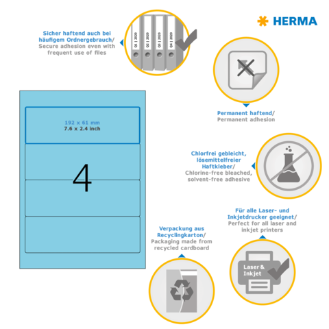 Selbstklebende Etiketten von HERMA, permanent haftend, chlorfrei gebleicht, geeignet für Laser- und Inkjetdrucker, verpackt in Recyclingkarton.