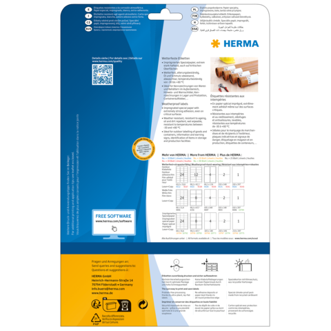 Rückseite einer Verpackung mit Informationen zu HERMA Produkten, einschließlich Anleitungen und einem QR-Code.