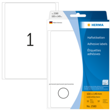 Haftetiketten von HERMA, 100 x 149 mm, 32 Stück, permanent, in weißer Verpackung mit Produktnummer 2580.