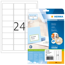 Etikettenpackung mit 24 leeren Etiketten und Beispielkarten. Enthält Informationen zu Software und Anwendung.