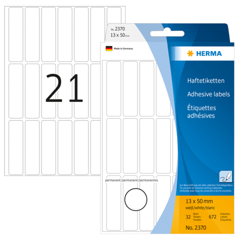 Haftetiketten von Herma, 13 x 50 mm, 32 Stück, mit der Nummer 21 auf einem Etikett. Verpackung zeigt Produktdetails und Herkunft.