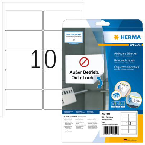 Ein Blatt mit ablösbaren Etiketten, das die Aufschrift "Außer Betrieb. Out of order" zeigt, verpackt in einer transparenten Hülle.