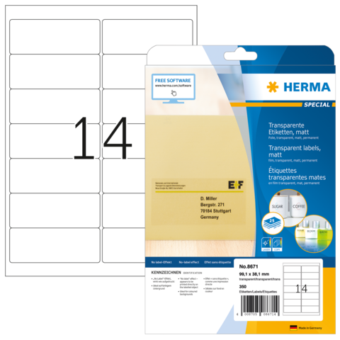 Transparente Etikettenpackung von Herma mit 14 Etiketten pro Blatt, inklusive Anweisungen und Softwarehinweis.
