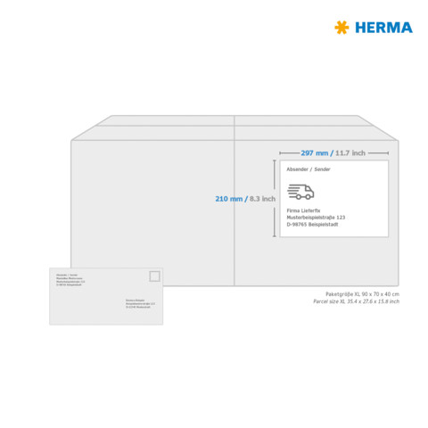 Paketgröße XL mit Abmessungen von 297 mm x 210 mm. Enthält Adressfeld für Absender und Empfänger.