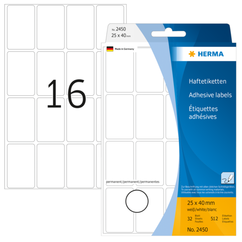 Haftetiketten von Herma, 25 x 40 mm, mit 32 Etiketten pro Blatt, auf der Vorderseite die Zahl 16 sichtbar.