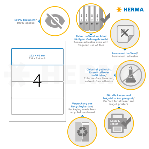 Selbstklebende Etiketten von HERMA, 192 x 61 mm, geeignet für Laser- und Inkjetdrucker, umweltfreundliche Verpackung aus Recyclingkarton.