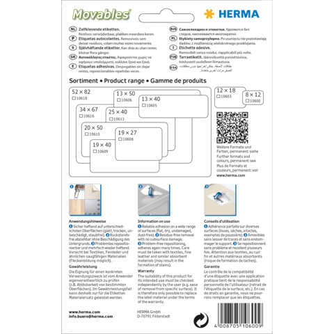 Produktinformationen und Größenangaben für Herma Movables Etiketten, einschließlich Anwendungshinweisen und QR-Code.