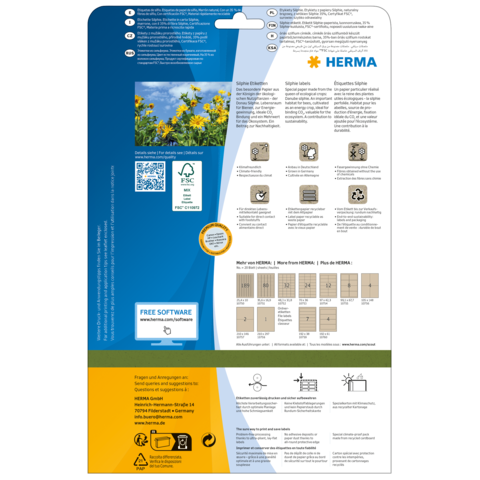 Packungsrückseite mit Informationen zu HERMA Etiketten, einschließlich Anweisungen, Symbolen und einem QR-Code für kostenlose Software.