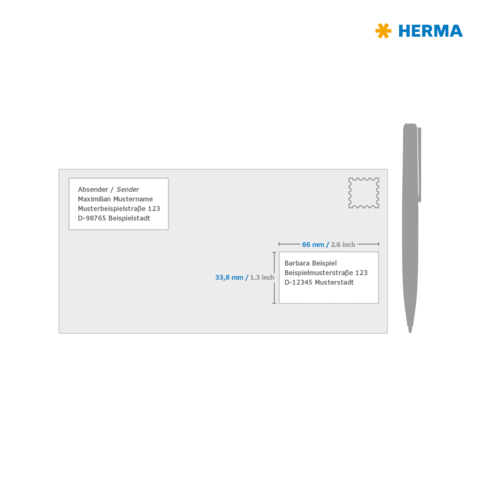 Briefbeschreibung einer Postkarte mit Absender- und Empfängerdaten sowie Maßangaben für die Adresse und einen Briefmarkenbereich.