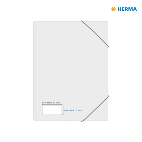Transparente Hülle mit Maßen für Dokumente, ausgestattet mit einem Gummiband zur sicheren Aufbewahrung. Markenlogo "HERMA" oben rechts.