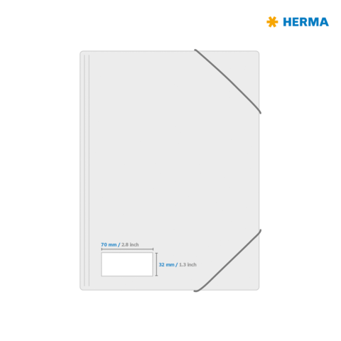 Ein graues Ordnersystem mit elastischen Bändern, das Platz für ein 70 mm x 32 mm Etikett bietet. Markenname: HERMA.