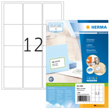 Etikettenbogen mit 12 leeren Feldern und Verpackung von HERMA, inklusive Beispiel für beschriftete Karten.