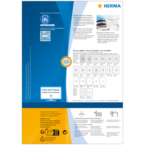 Etikettenblatt von HERMA mit Recyclinginformationen, Softwarehinweisen und verschiedenen Etikettengrößen.