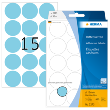Blaues Haftetiketten-Set mit 32 runden, selbstklebenden Etiketten (Durchmesser 32 mm) und der Nummer 15 auf einem Etikett.