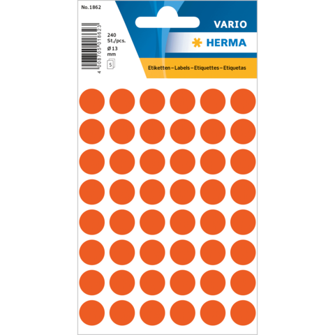 Packung mit 240 orangen Etiketten in runder Form, Durchmesser 13 mm, auf einem weißen Trägerblatt.