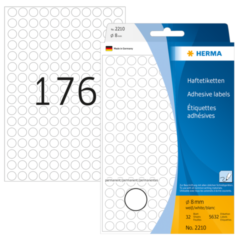 Haftetiketten von Herma, 8 mm Durchmesser, 32 Stück, auf einer Verpackung mit der Nummer 2210 und einer Rückseite mit 176 Punkten.