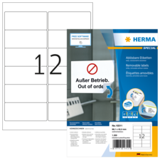 Ablösbare Etiketten mit der Aufschrift "Außer Betrieb" und "Out of order", verpackt von Herma, mit 12 Etiketten pro Bogen.