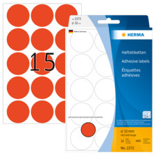Runde, rote Haftetiketten mit der Nummer 15 auf einem Bogen, verpackt in einer blauen und weißen Verpackung von HERMA.