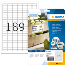 Etikettenpackung mit der Aufschrift "Granny Smith" und Preisangabe, daneben ein Blatt mit nummerierten Etiketten.